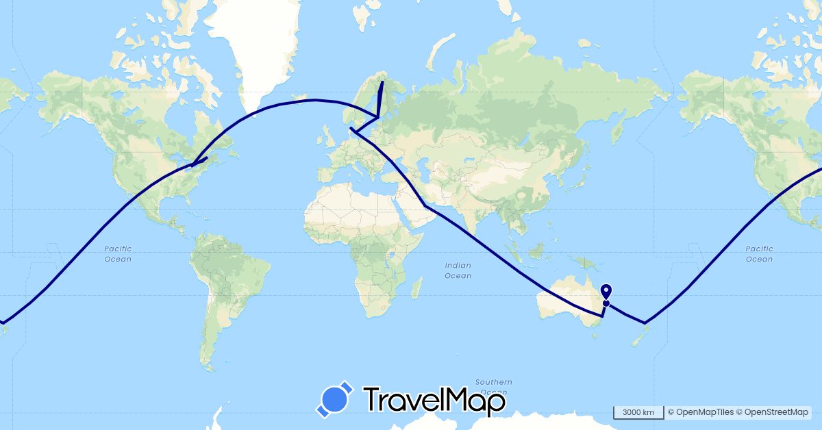 TravelMap itinerary: driving in Australia, Canada, Denmark, Finland, Iceland, New Zealand, Qatar, Sweden, United States (Asia, Europe, North America, Oceania)
